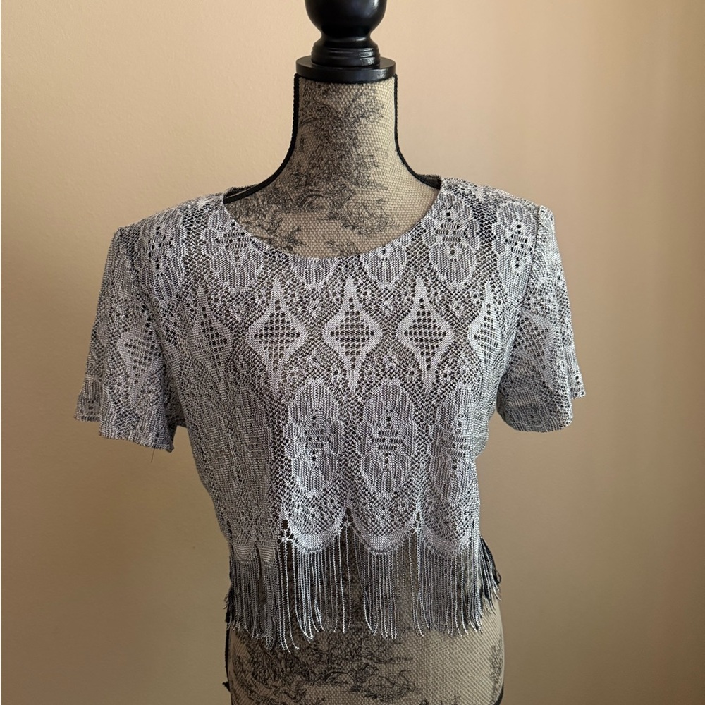 Chic Lace Fringe Crop Top in Gray with Metallic Silver Threads